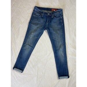 YASO Jeans Womens Size 25 Skinny Distressed Blue Wash Rhinestone Button Denim